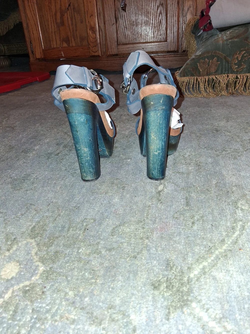 Gucci Gray Strappy Platform Sandals with Teal-Wash Wood Heel